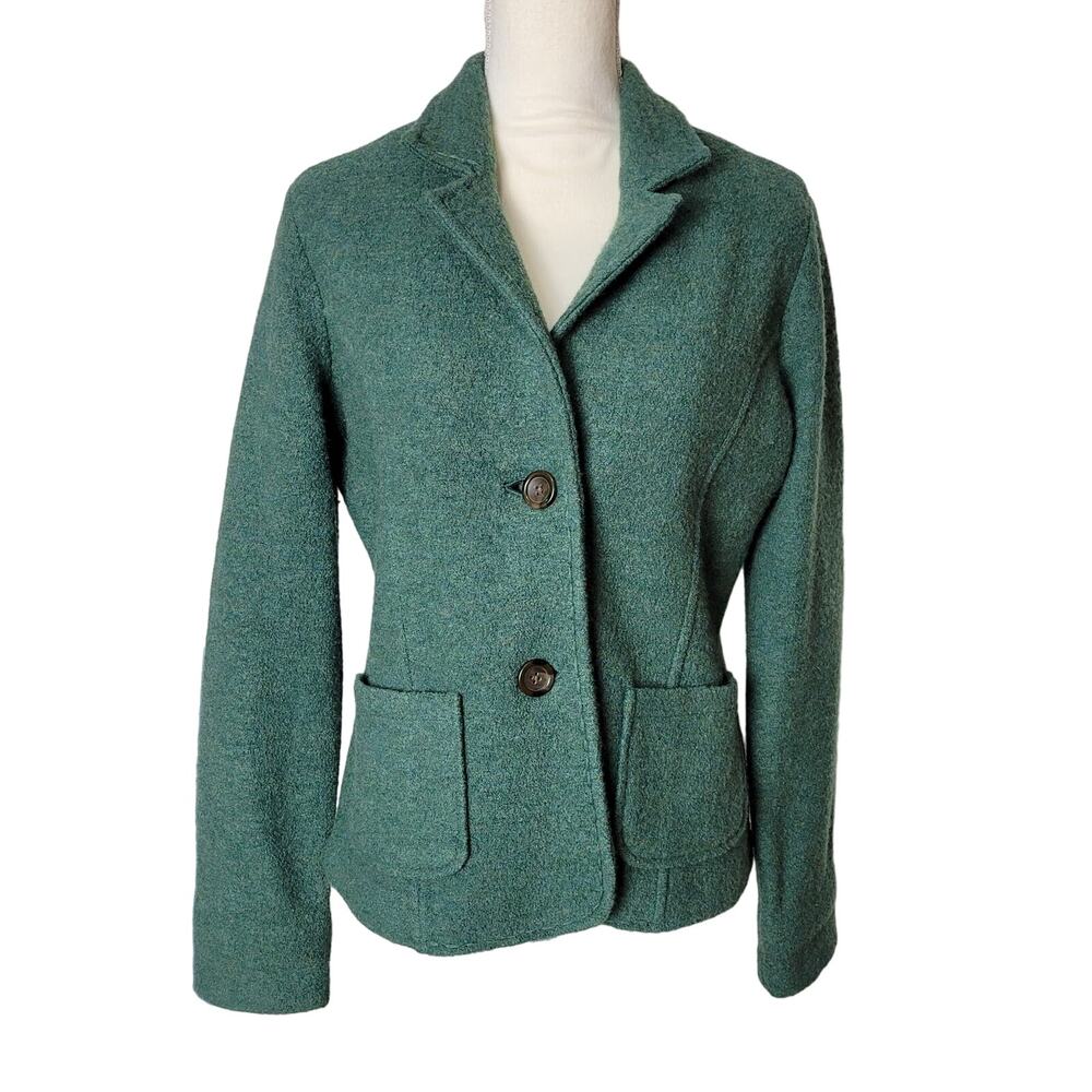 Lands' End Wool Jacket Green Button Collar Pockets Comfort‎ Layer Blazer Top